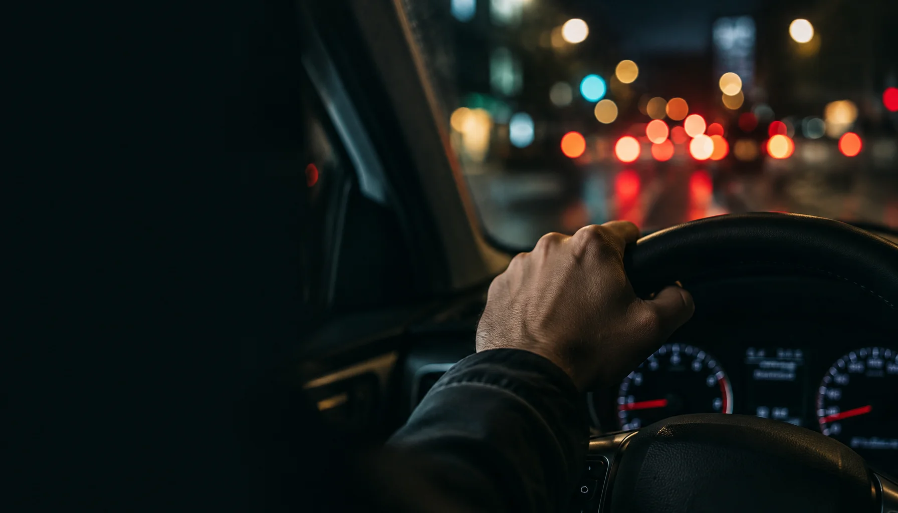 Driver's hand on the steering wheel at night