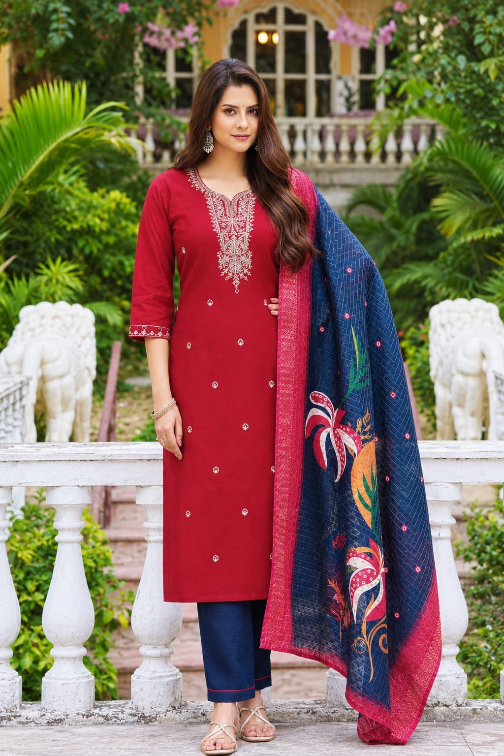 Ruby Red & Midnight Blue Floral Dupatta Ethnic Suit