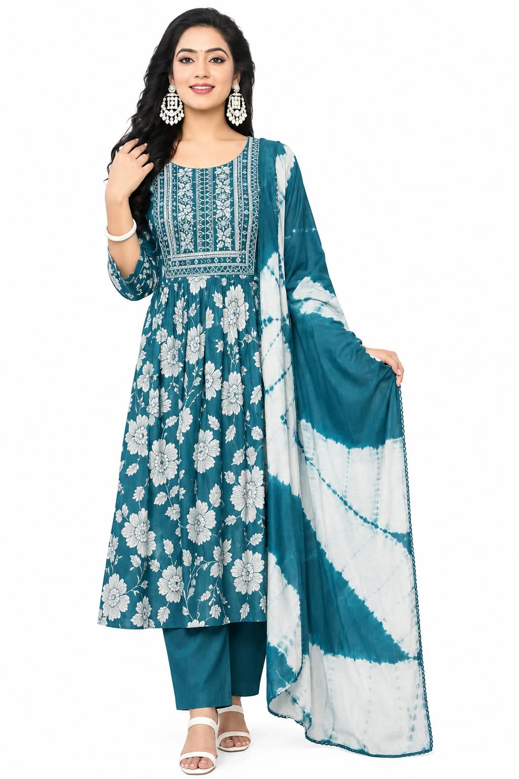 Ocean Teal Umbrella 3-Piece Kurthi Set