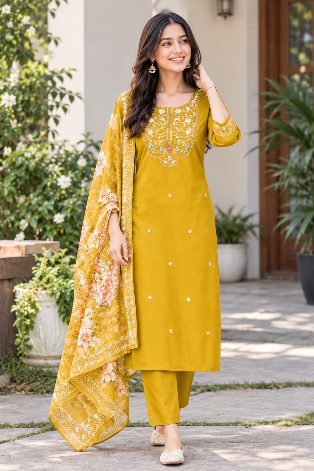 Mustard Yellow & Floral Gold Ethnic Suit