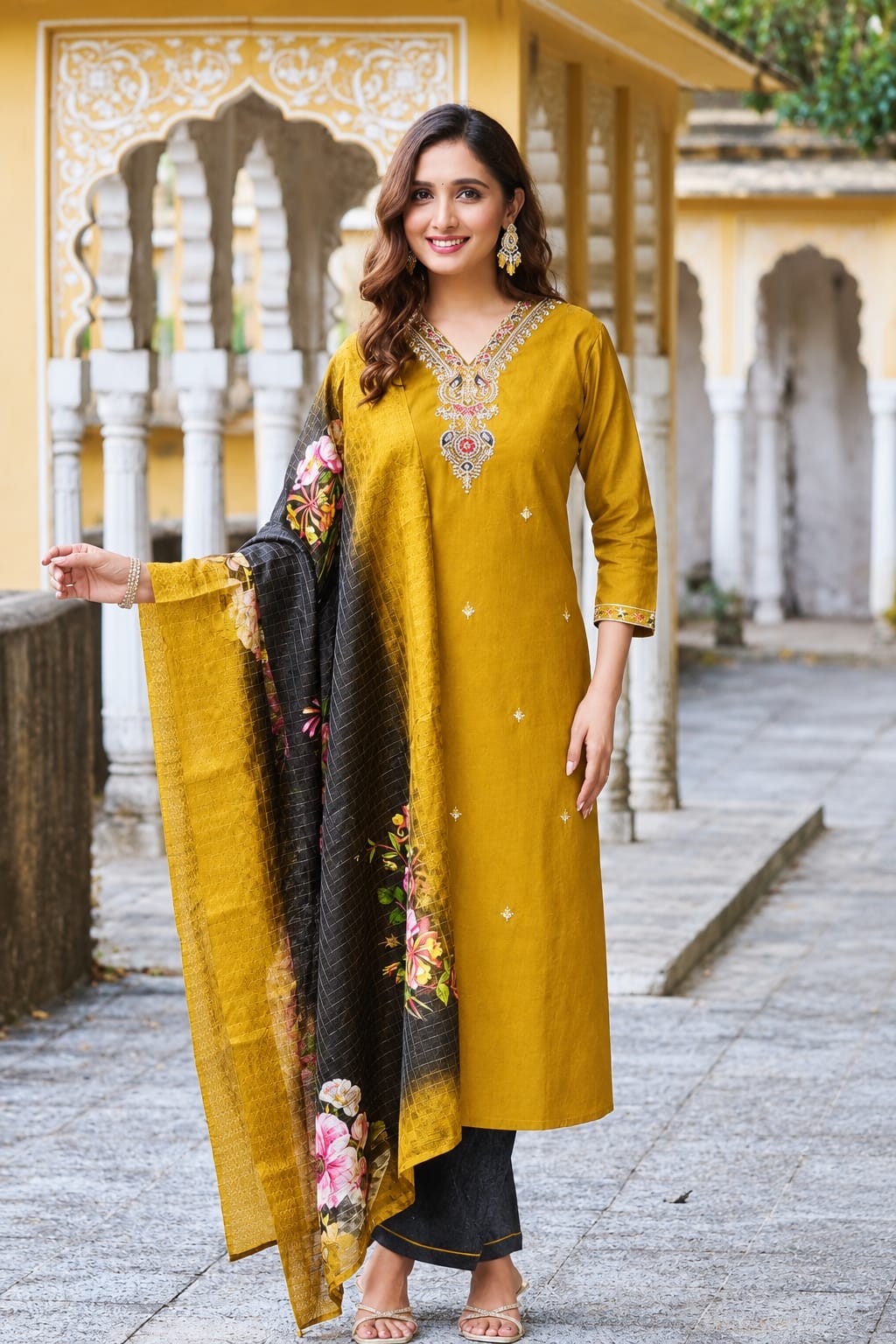 Mustard Gold & Black Floral Dupatta Ethnic Suit
