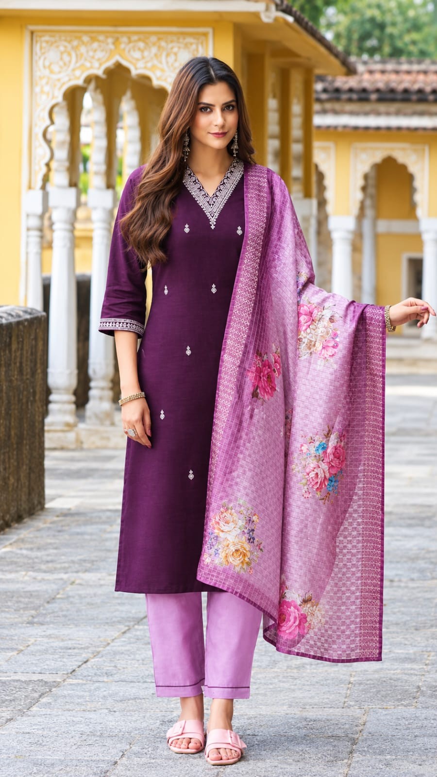Royal Plum Purple & Dusty Pink Floral Dupatta Ethnic Suit