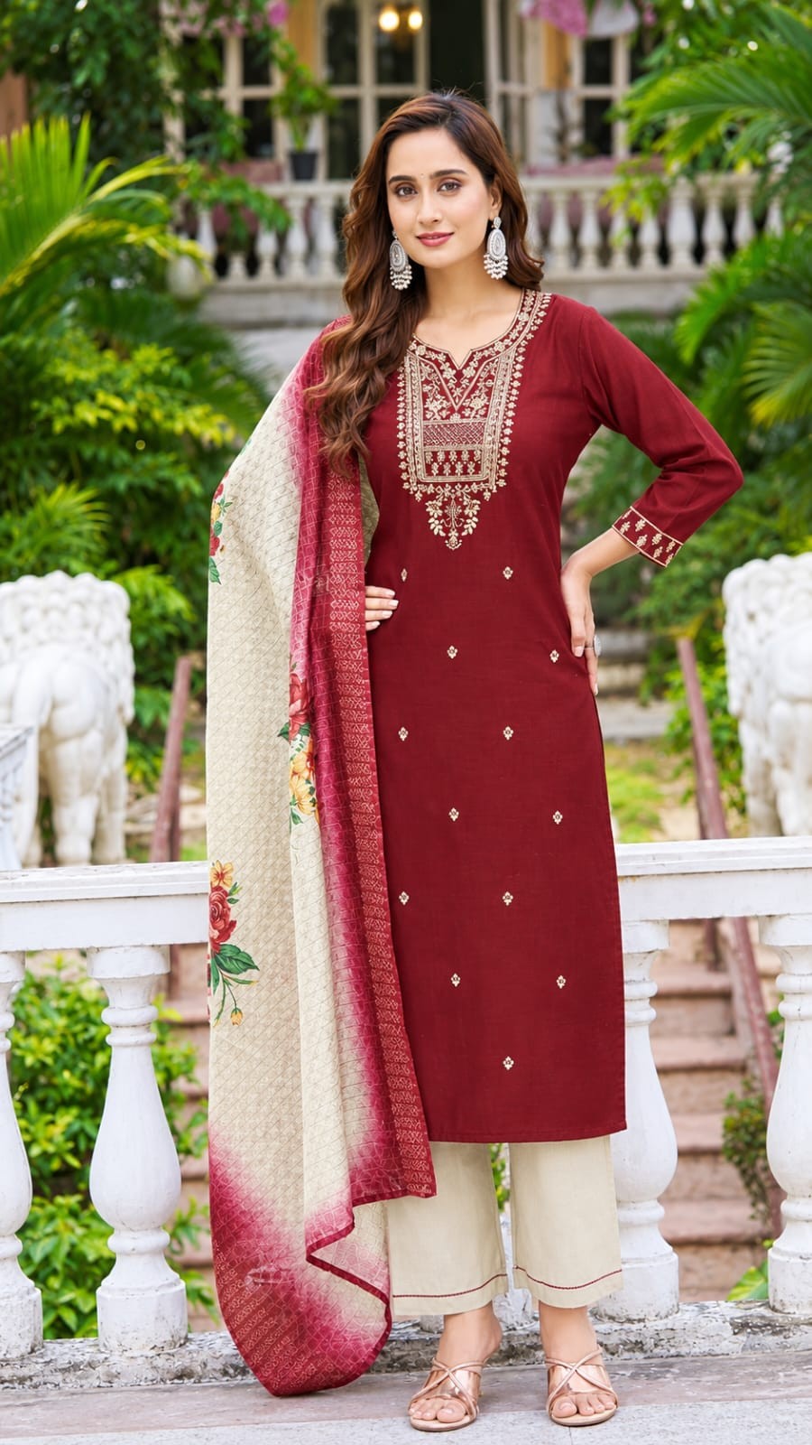 Burgundy Wine & Ivory Cream Floral Dupatta Ethnic Suit