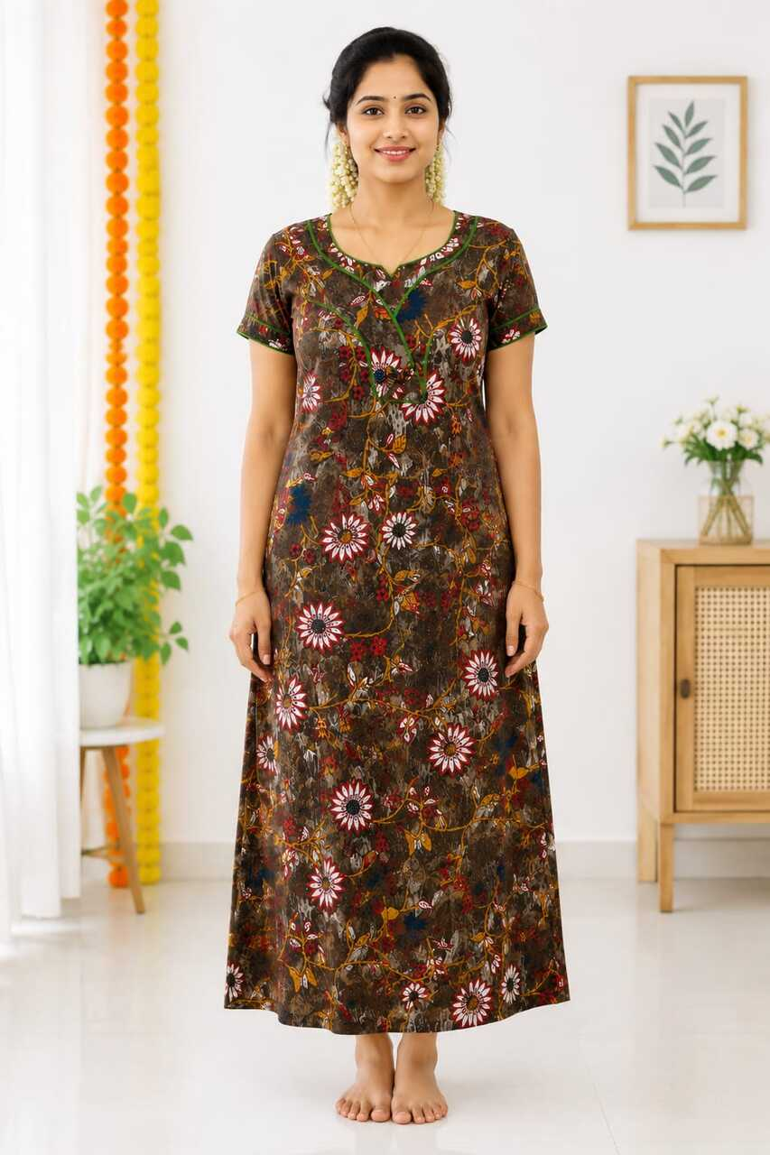 Brown Botanical Floral Full-Length Nightgown