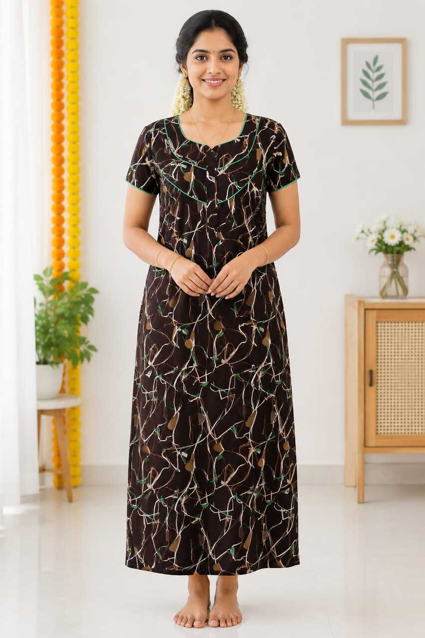 Dark Brown Botanical Print Full-Length Nightgown