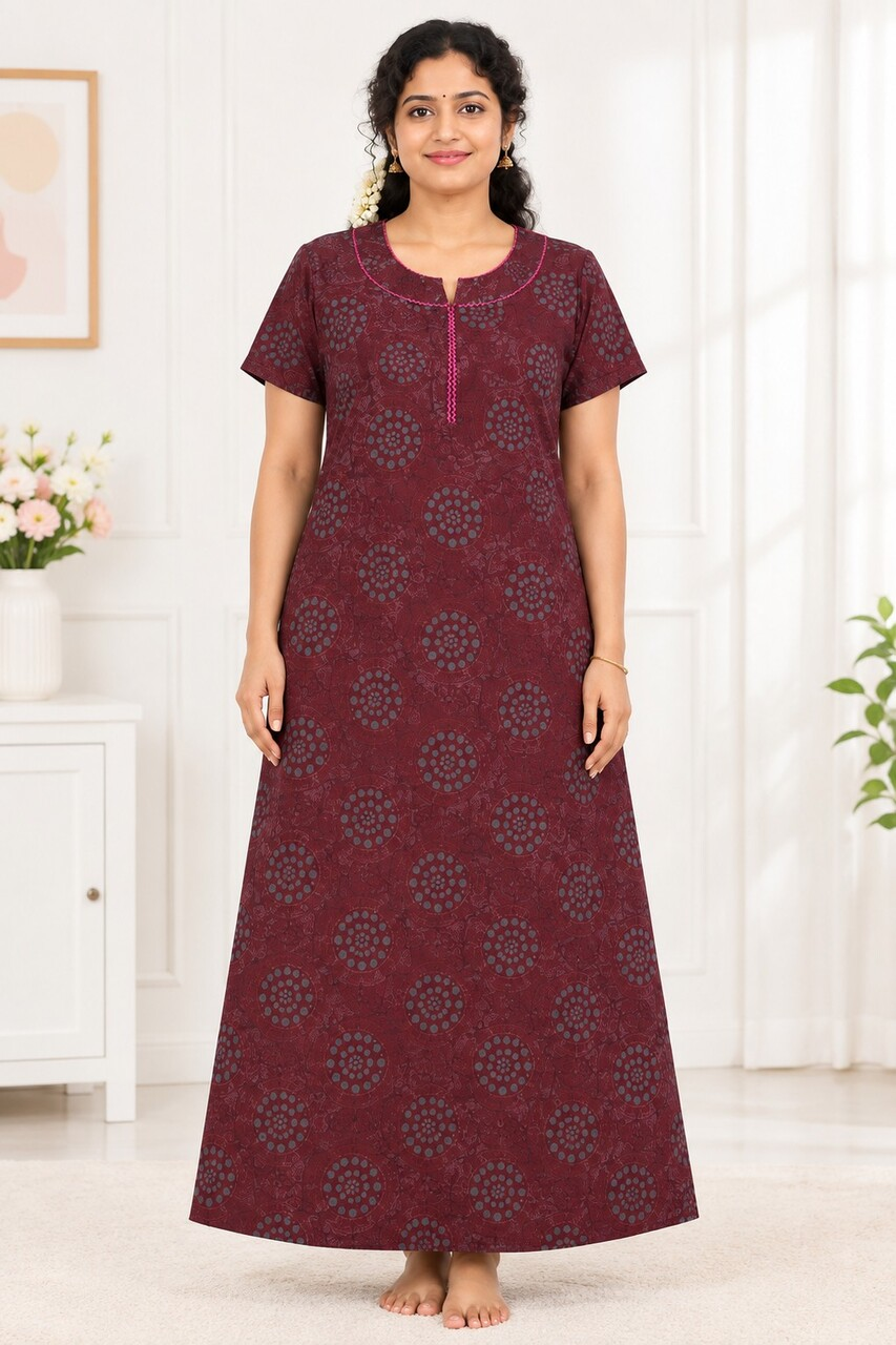 Maroon Circular Print Full-Length Nightgown