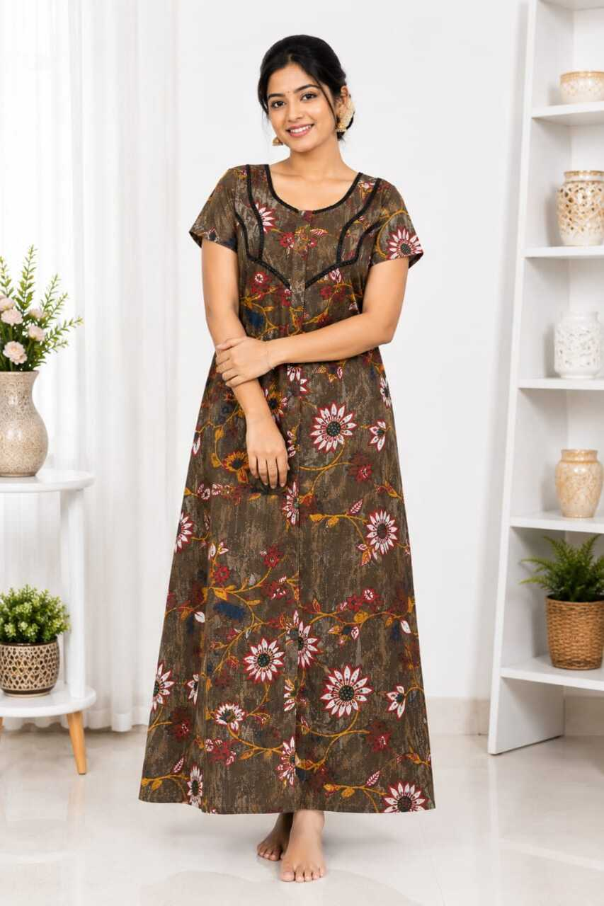 Olive Brown Floral Full-Length Nightgown