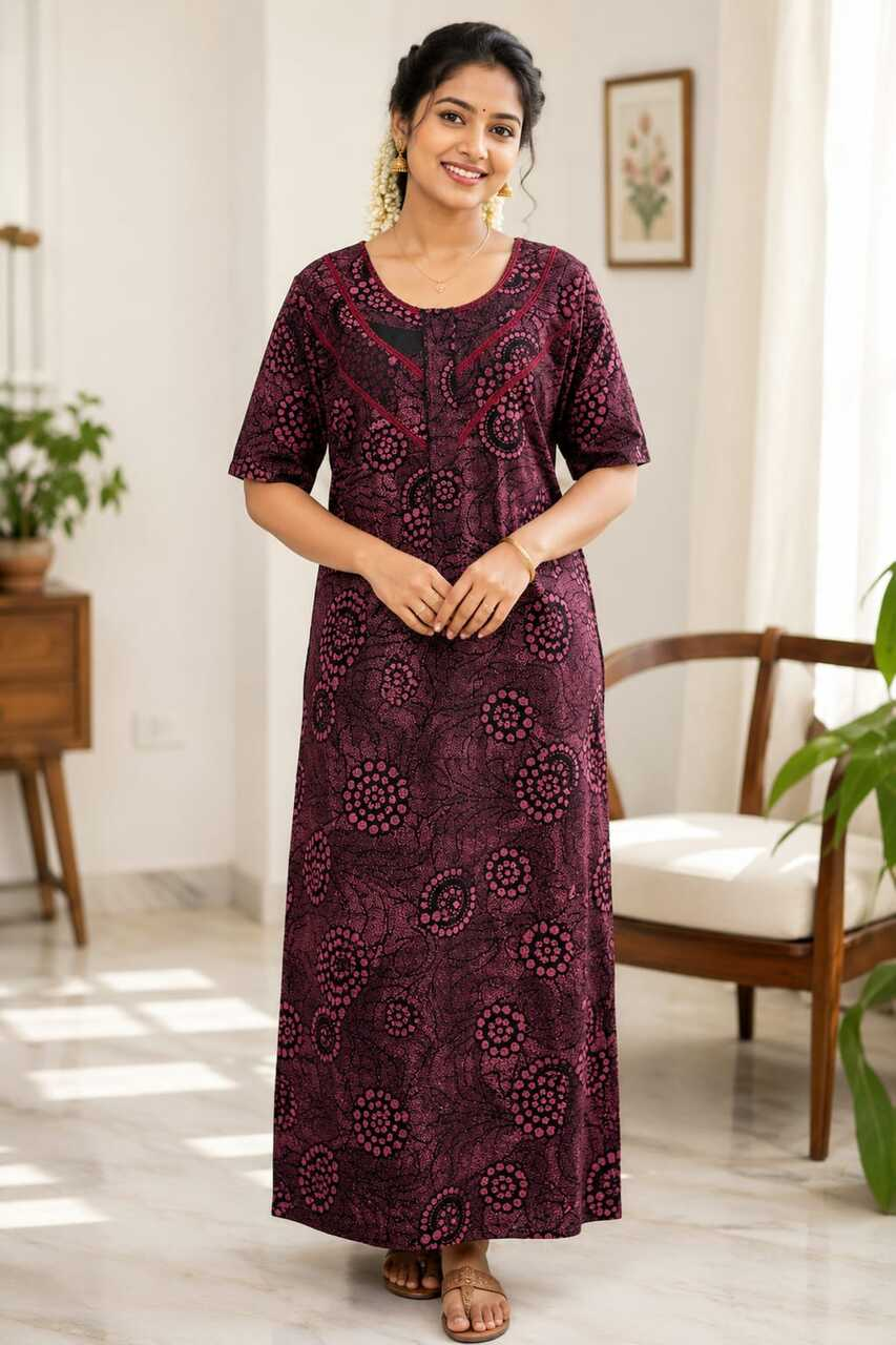 Plum Circular Motif Full-Length Nightgown