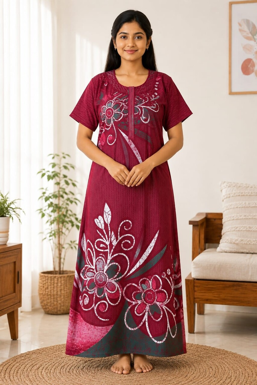 Maroon Batik Floral Full-Length Nightgown