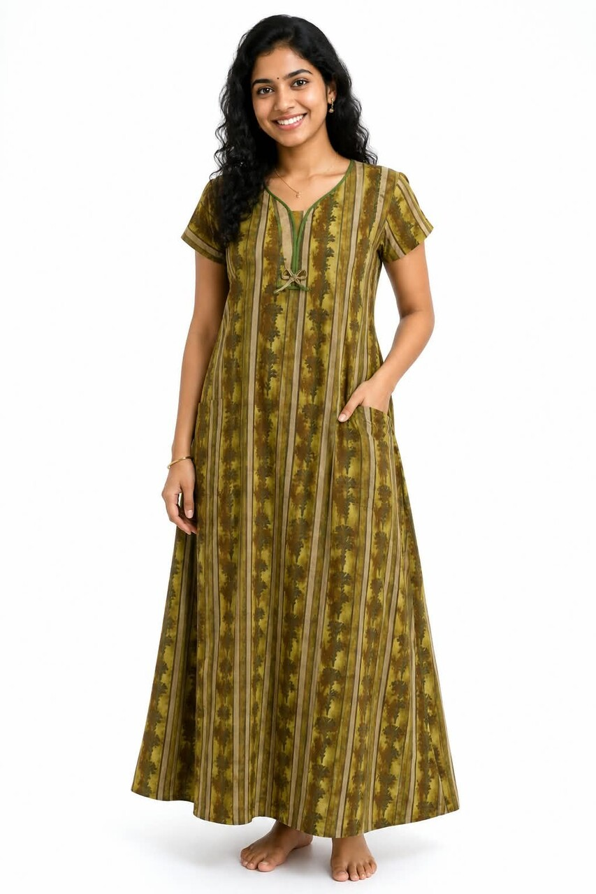 Olive Striped Botanical Full-Length Nightgown