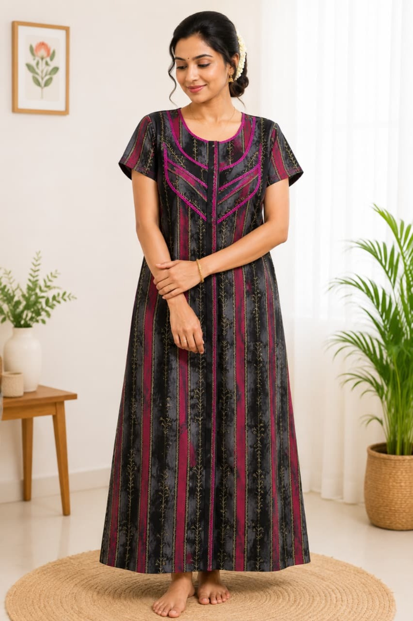 Charcoal & Magenta Striped Full-Length Nightgown