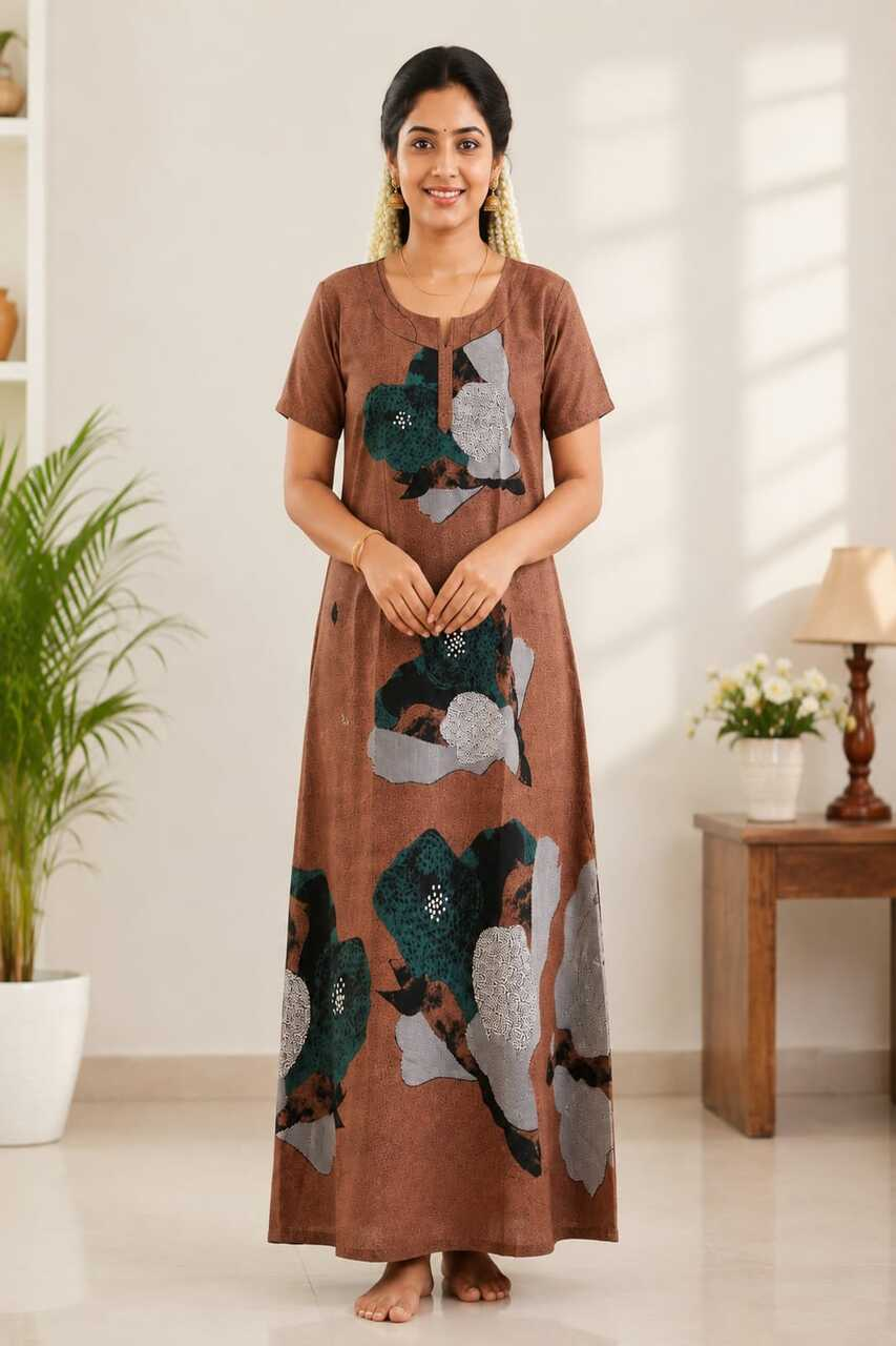 Brown Abstract Floral Full-Length Nightgown