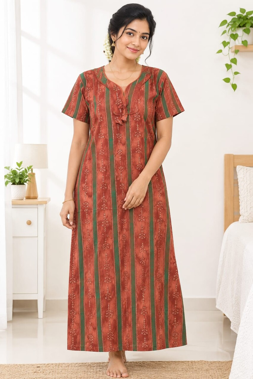 Rust & Green Striped Full-Length Nightgown