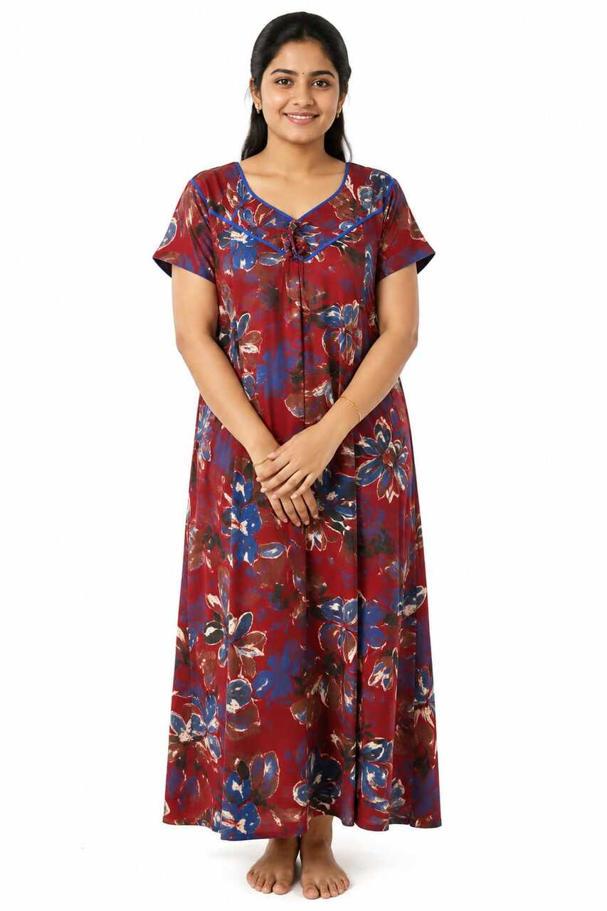 Maroon Floral Printed Cotton Nightgown
