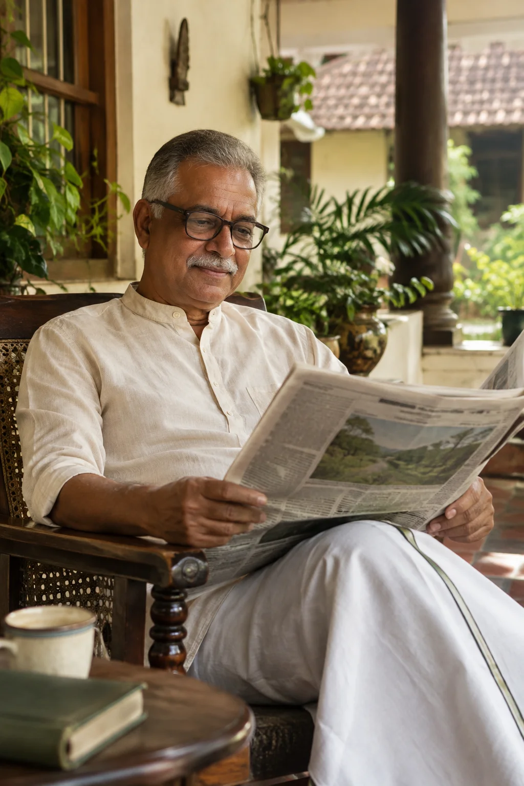 Elderly Indian man reading on a home veranda