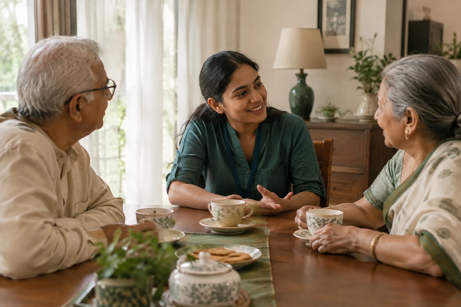 Care companion sharing tea and conversation with elderly parents
