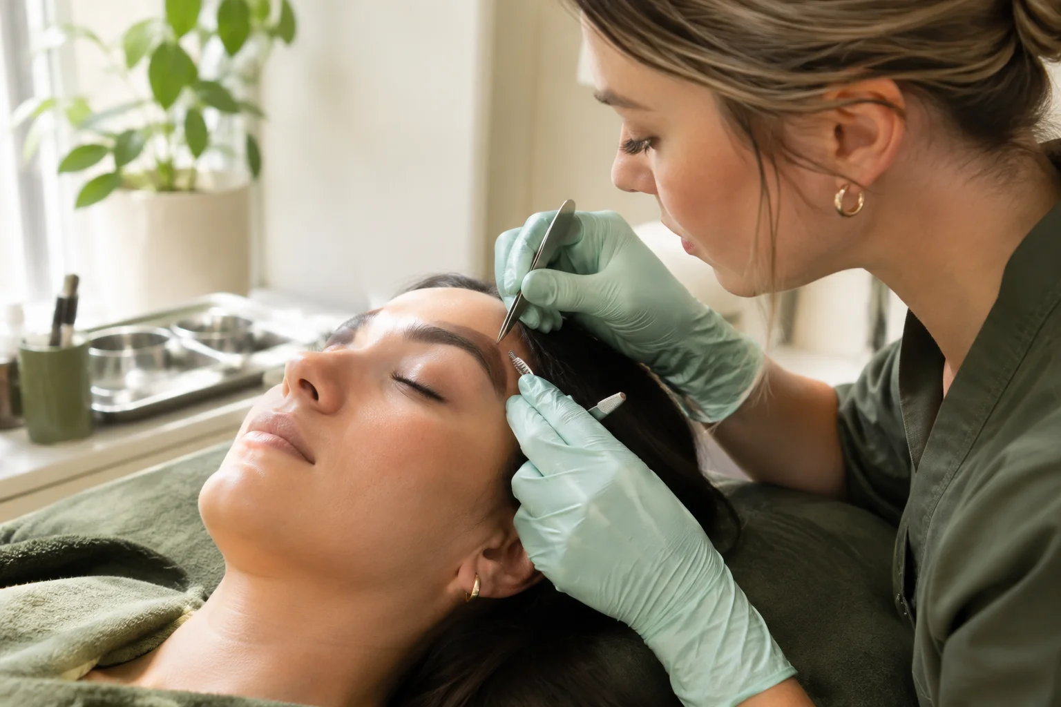Professional shaping eyebrows in a studio