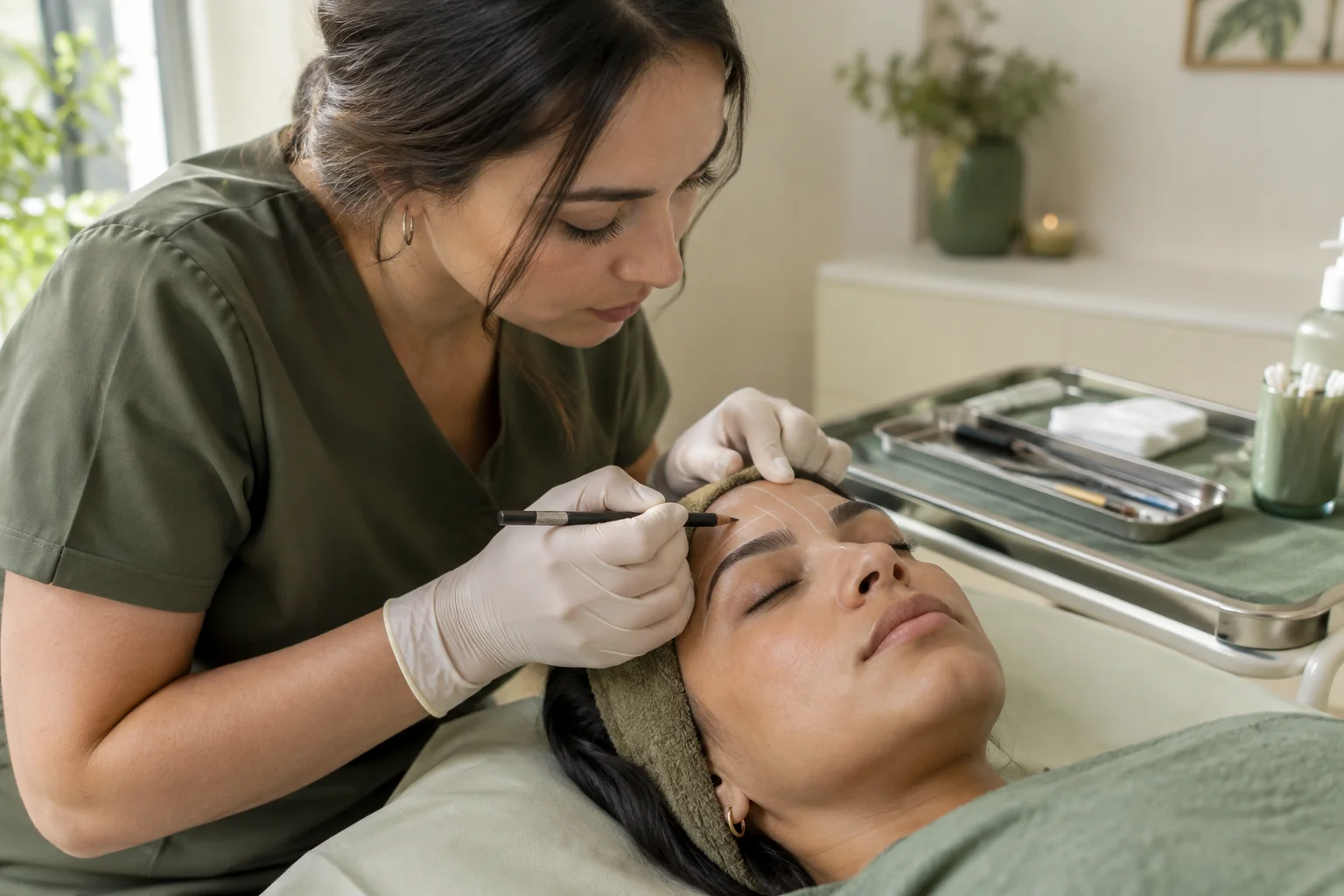 Professional marking eyebrow shape before treatment