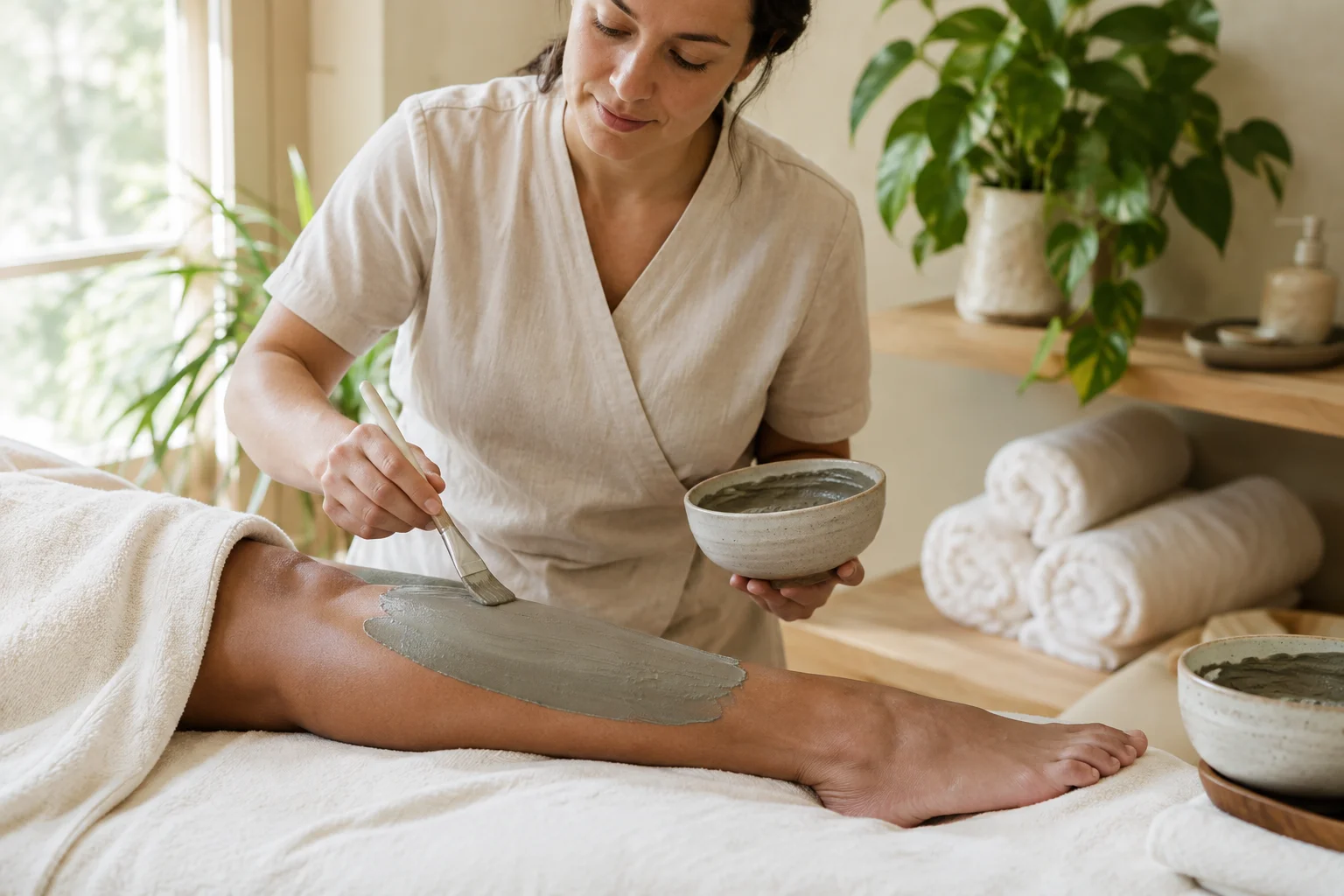 Professional preparing a soothing body wrap