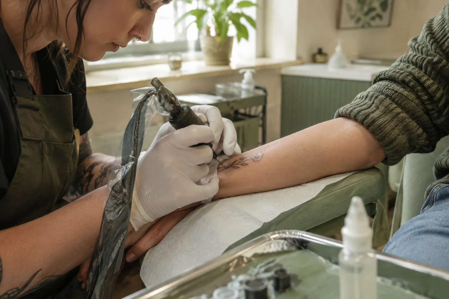 Tattoo artist creating a small floral design