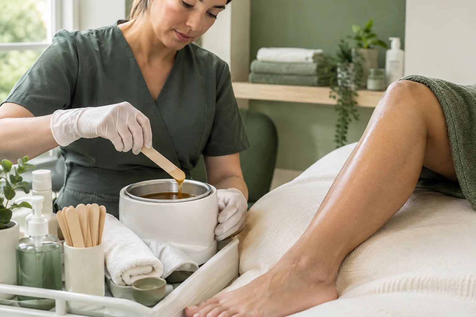 Professional preparing a leg waxing treatment
