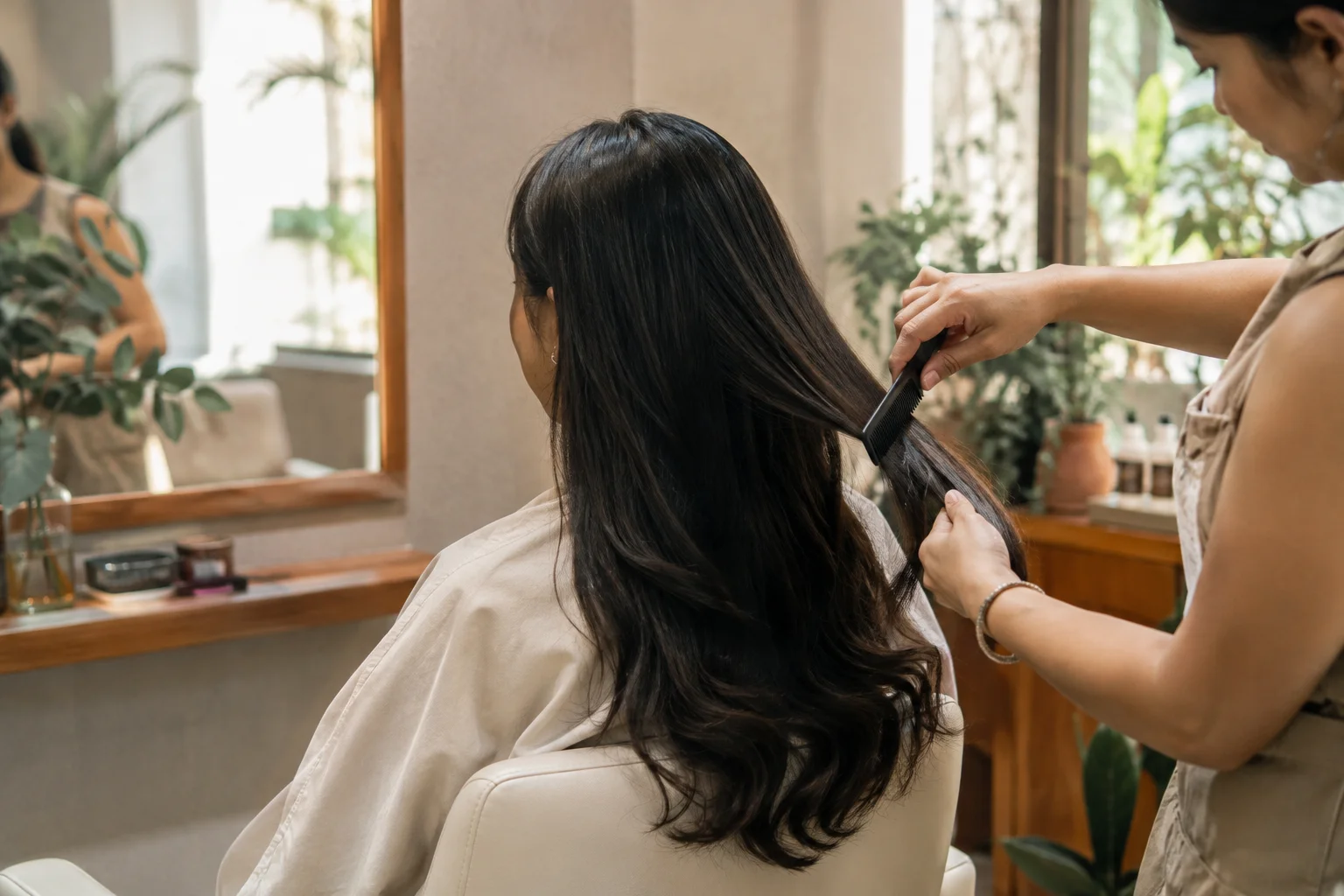Stylist tending to glossy dark hair in a warm salon