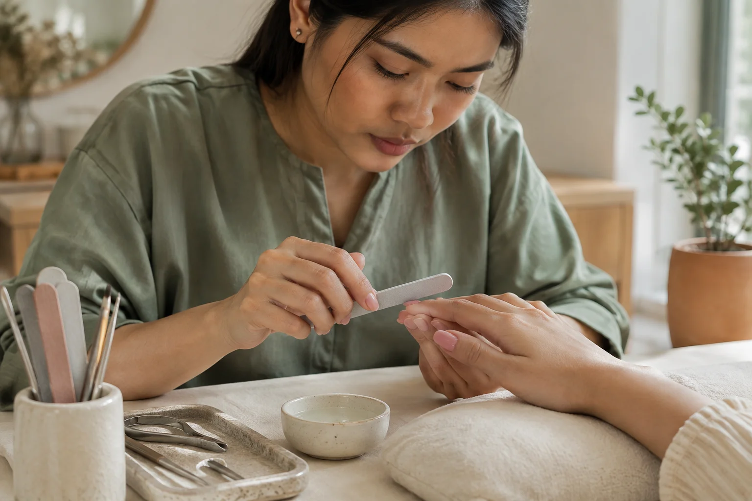 Professional shaping a client’s soft pink manicure