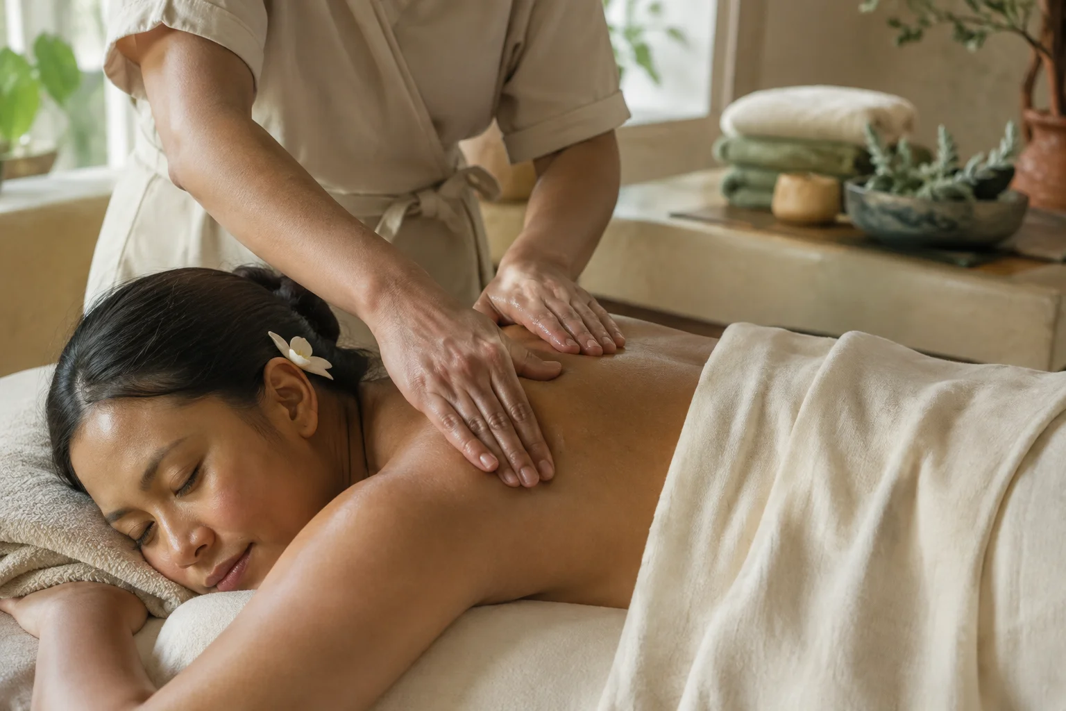 Massage therapist performing a gentle shoulder treatment